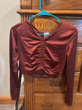 Ruched V-Neck Long-Sleeve Crop Top in Burgundy